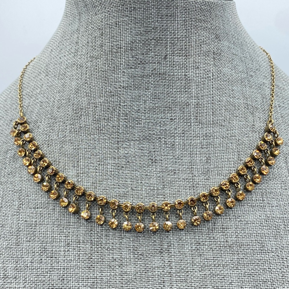 Signed J. Crew Topaz Yellow Crystal Necklace Collar Fringe Aged Brass Tone Chic